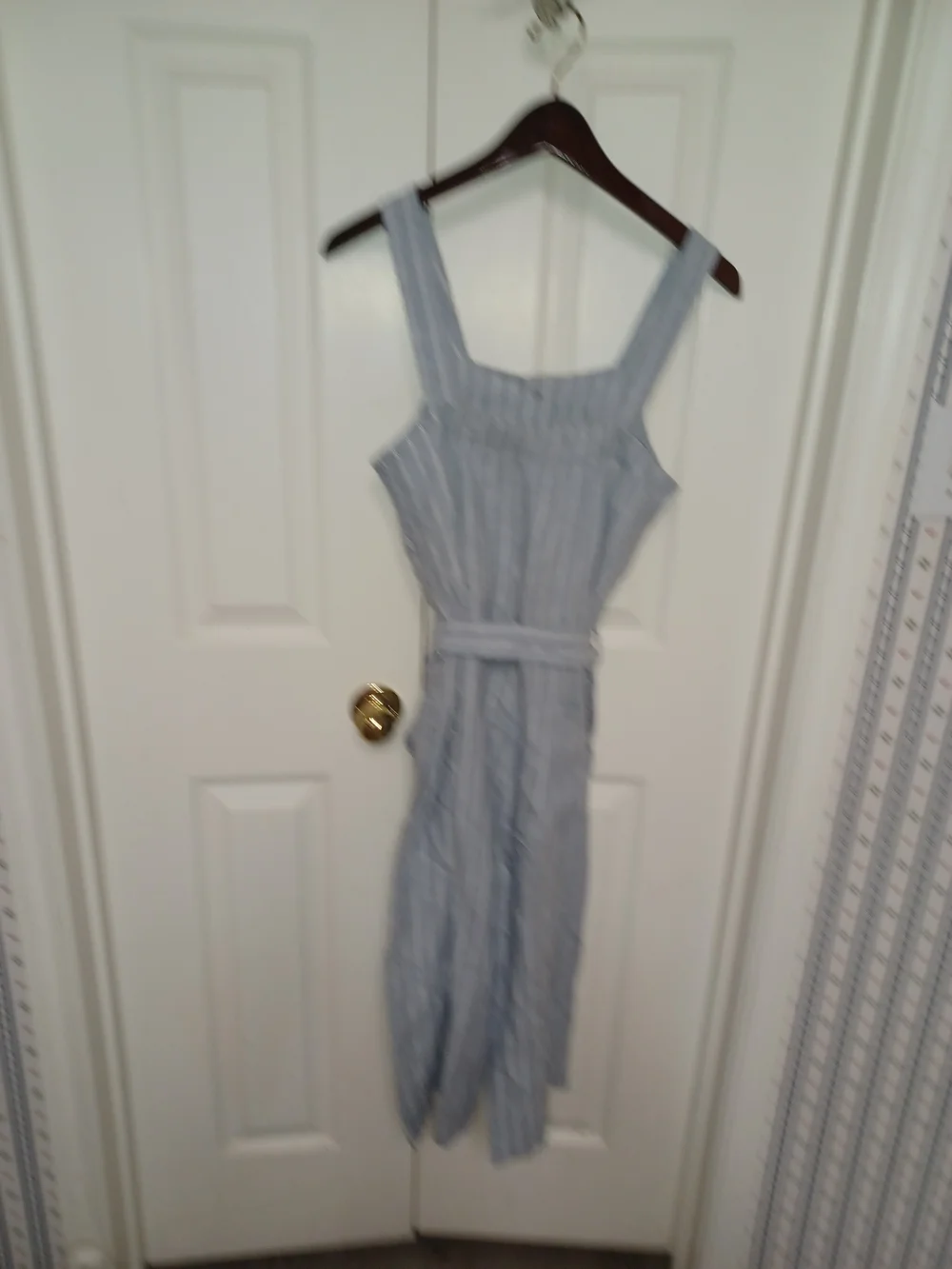 Everlane Striped Light Blue Linen-Blend Jumpsuit with Tie Waist